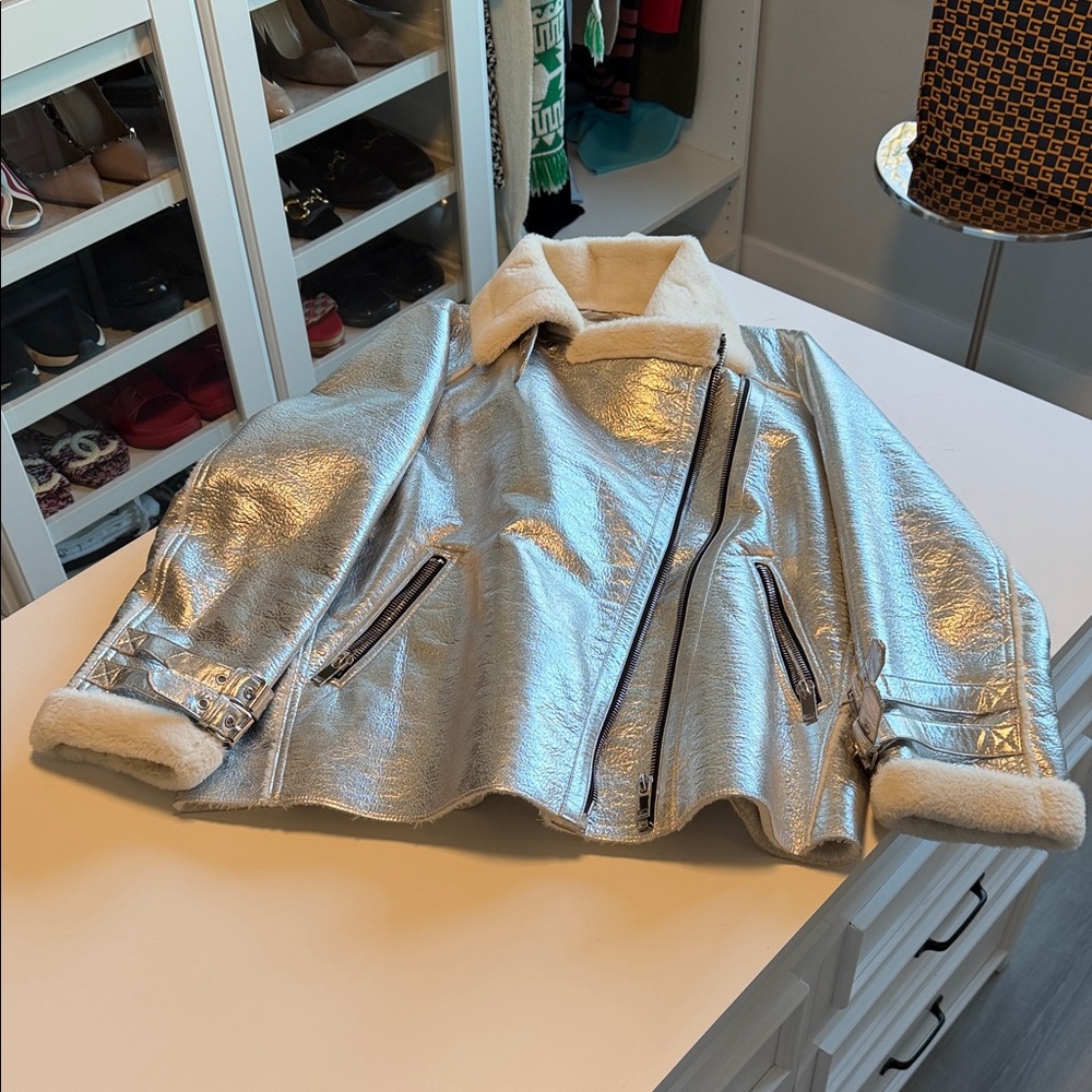 Mango Metallic Silver Leather Jacket with Faux Shearling